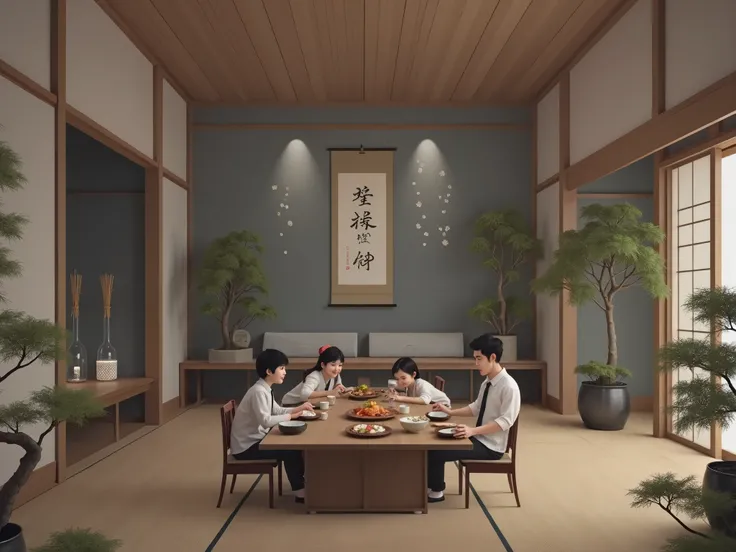 Dining room decorated in a Japanese style interior design