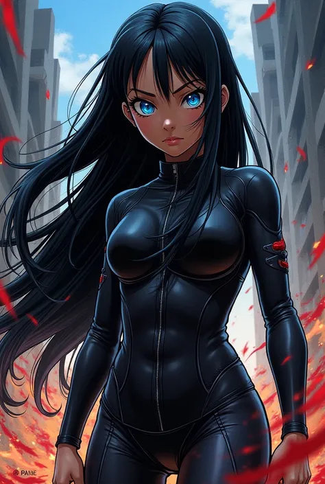 Nanatsu comic panel at Taizai girl with black skin and blue eyes and dressed in black jumpsuit and long straight black hair 
