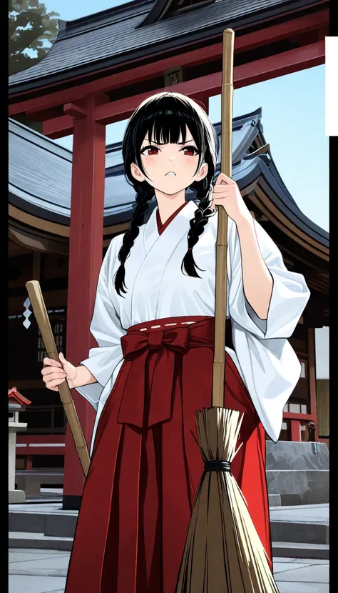 ( beautiful girl  : 1.3), 1 girl,(White and red hakama,), black hair, braids,anger, abusive,broom,blue sky,shrine,masterpiece, best quality, super high resolution, rich contrast, high definition,8k, High Definition CG Unit Wallpaper, texture , Unbelievably...