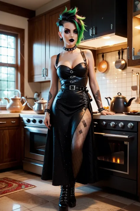 Screenshot,  sexy full body , A female gothic punk very sexy and erotic,  cooks with a kettle with magical colorful particles and gas, That emerges from the boiler ,Cook in the kitchen