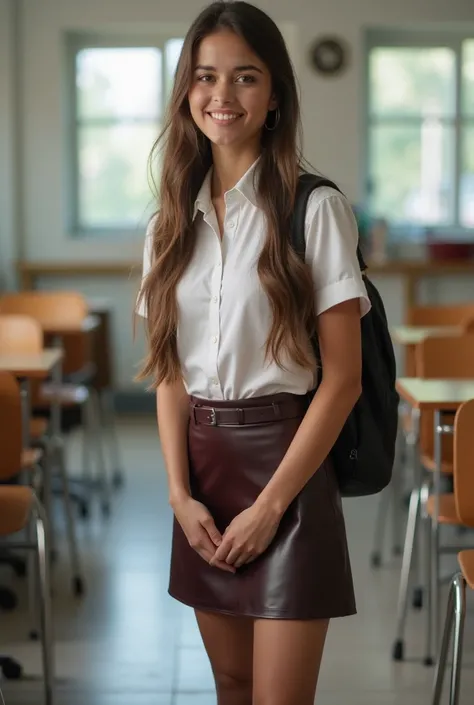    young girl in a tight pvc skirt at school