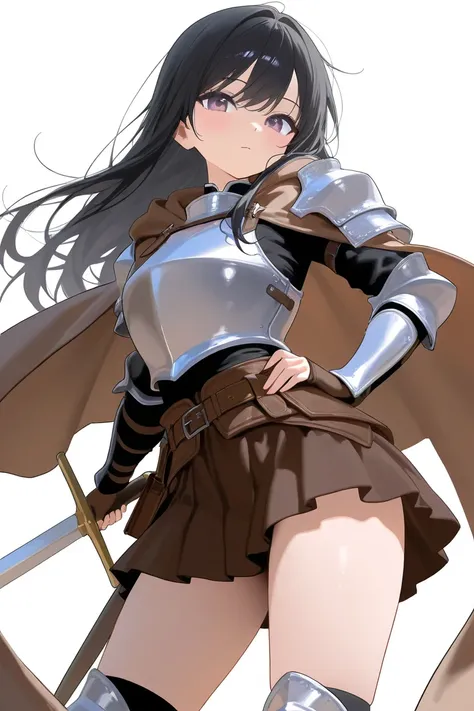 (Best Quality, Background Detail), Best Quality, Original Detail Dynamic Art, Waist Below, Holding Simple Cheap Sword, Black Hair, Long Hair, (Rising Adventurer Girl), Real Breasts, Small Breasts, Beautiful Line Drawing , White Background, Iron Breastplate...