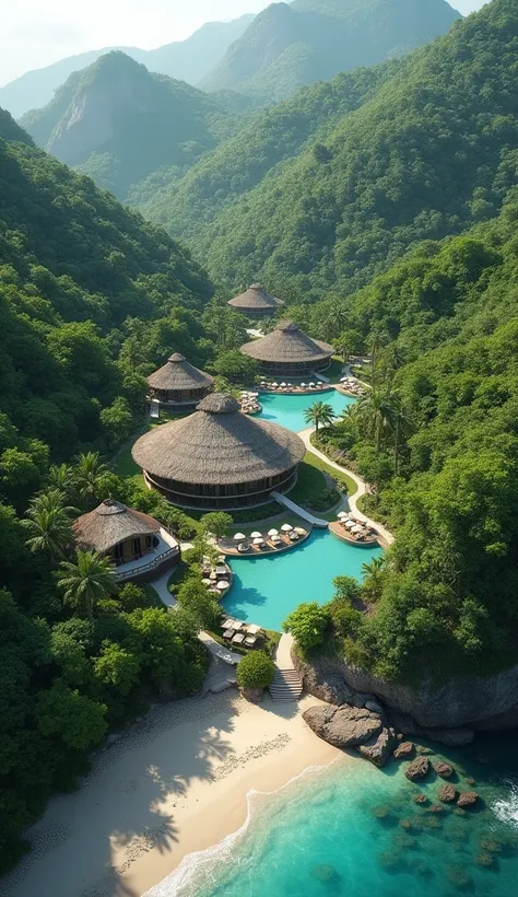 "A high-angle, slightly aerial view of a tropical resort nestled into a lush, forested hillside. The resort features a central circular structure with a thatched roof, surrounded by multiple swimming pools and smaller, conical-roofed bungalows. The beach a...