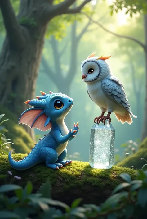  BABY DRAGON WITH SOFT BLUE SCALES LIKE THE DAWN SKY WALKING IN THE FOREST AND FINDS A SILVER-FEATHERED OWL, PERCHED ON A CRYSTAL BRANCH 