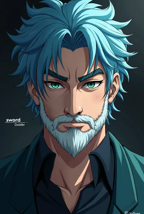 Anime man face blue hair green eyes white beard with word SWORD written horizontal on one side dark background