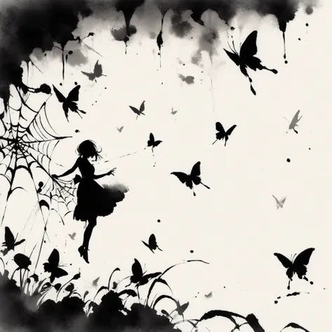  best quality、masterpiece、Ink painting、 spider webs 、The silhouette of a hand 、butterfly