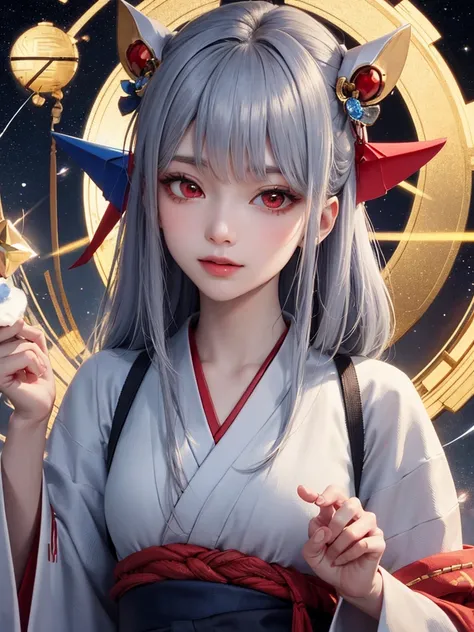 masterpiece， best quality，8k， Detailed Skin Textures ， detailed cloth texture， with each ， complicated details， super detailed ，Rei Ayanamiの肖像，Gray Hair， red eyes， black headgear on the head,Pixieカット，Shining Skin Hair Ornaments, gold hair ornament , red ey...