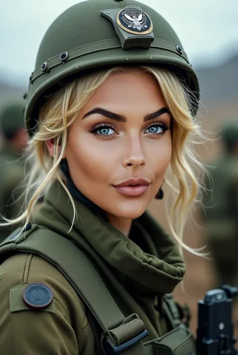 A top-quality picture of a female soldier, blond,Best light, cinematic, hyperealistic, hyper-detailed, UHD during an assignment in uniform. Look a bit dirty 