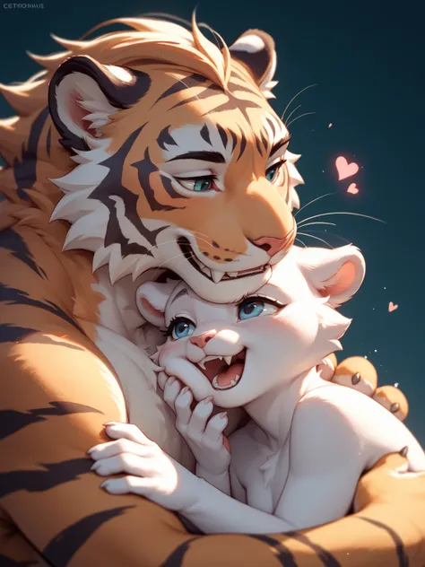 furry petit tiger couple , sweetie , First Love , open mouth ,(Gently Bite the cheek) , euphoria , orgasm ,  heart is beating fast , soft light