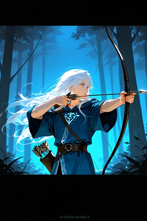 best quality, masterpiece,highest resolution,dark forest background, 1male, white hair, long hair, blue robe, solo,fantasy, quiver, bow, aiming,