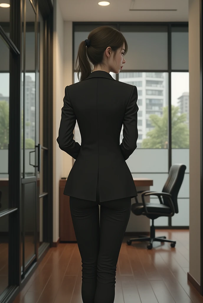  clear panty line、Clear p line 、 wearing a pantsuit 、Japanese office lady、 realism 、 tea hair,  long hair, 