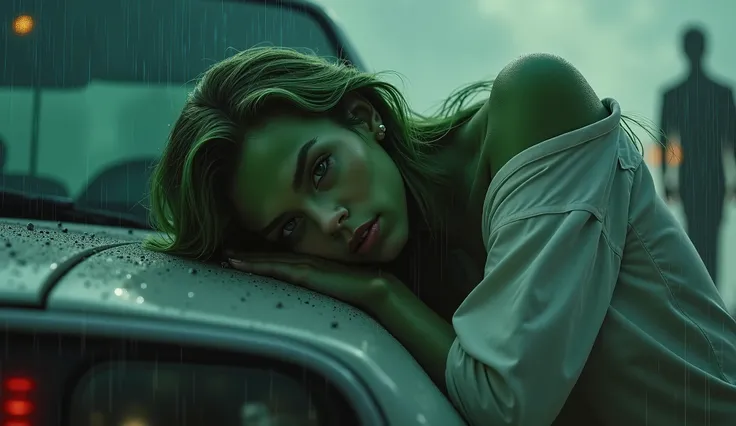 a sexy green alien girl, beautiful detailed face, long hair, wearing white shirt, sleeping on the car bumper, in a rain, a man standing, dramatic lighting, moody atmosphere, cinematic, photorealistic, hyper detailed, 8k, high quality, masterpiece
