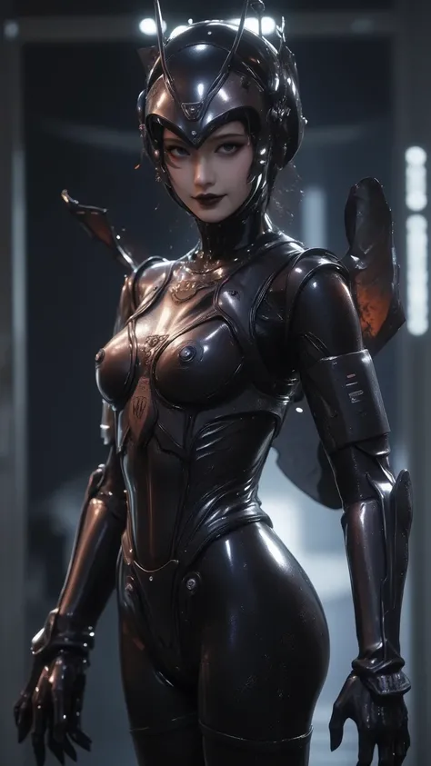 Cinematic portrait of the Japanese actress playing the special effects villain of a biomechanical queen ant. A sleek black exoskeleton bodysuit in a dark brown metallic hue. Segmented armor plates accentuate her feminine silhouette. The ant-inspired helmet...