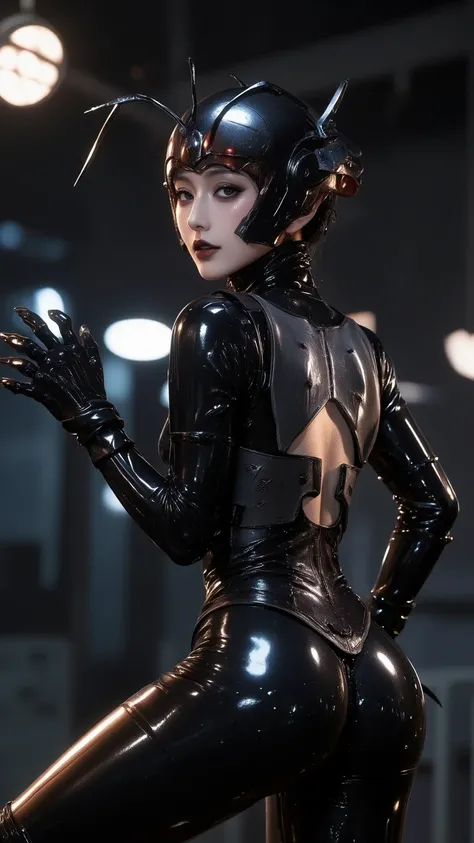 Cinematic portrait of the Japanese actress playing the special effects villain of a biomechanical queen ant. A sleek black exoskeleton bodysuit in a dark brown metallic hue. Segmented armor plates accentuate her feminine silhouette. The ant-inspired helmet...