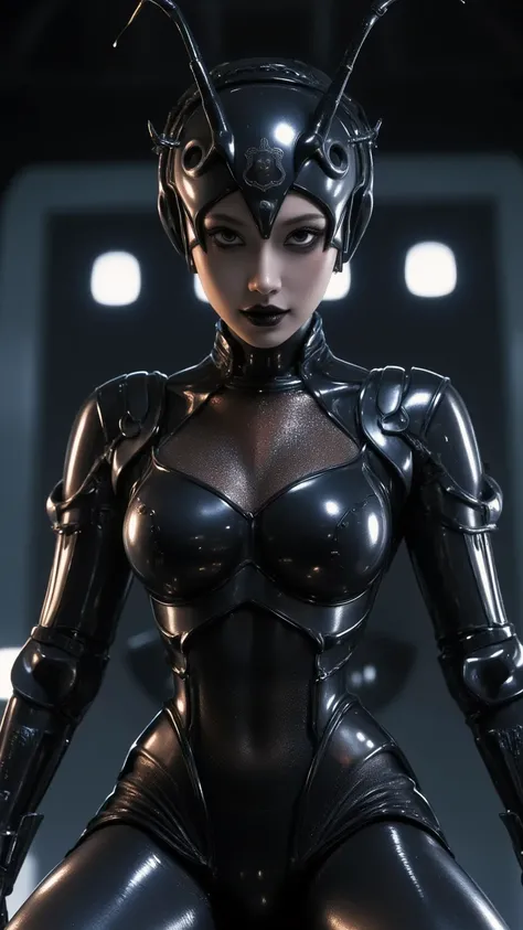 Cinematic portrait of the Japanese actress playing the special effects villain of a biomechanical queen ant. A sleek black exoskeleton bodysuit in a dark brown metallic hue. Segmented armor plates accentuate her feminine silhouette. The ant-inspired helmet...