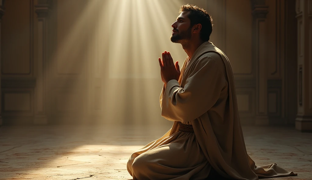 a handsome man kneeling praying , with an air of peace and connection with God 