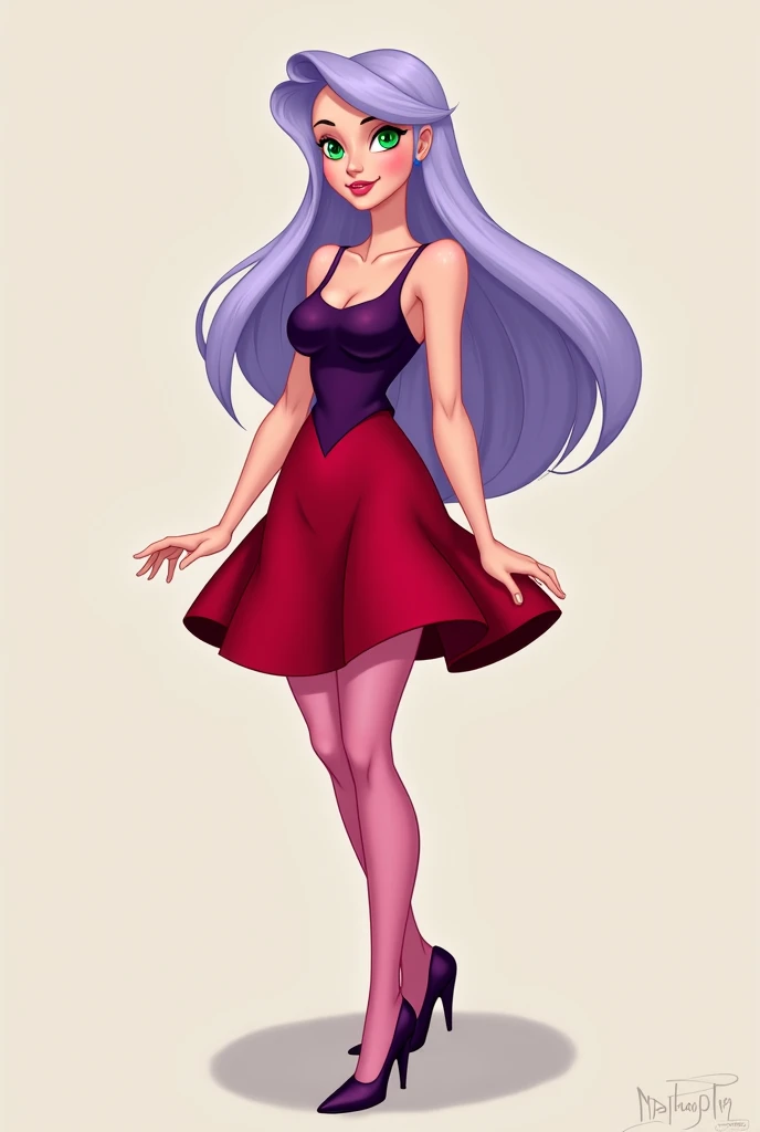 madam mim's girl form(disney's the sword in the stone), 1girl, solo, dark purple tank top, red skirt, pink collant, dark purple heeled shoes, nude arms, green eyes, light purple long hairs