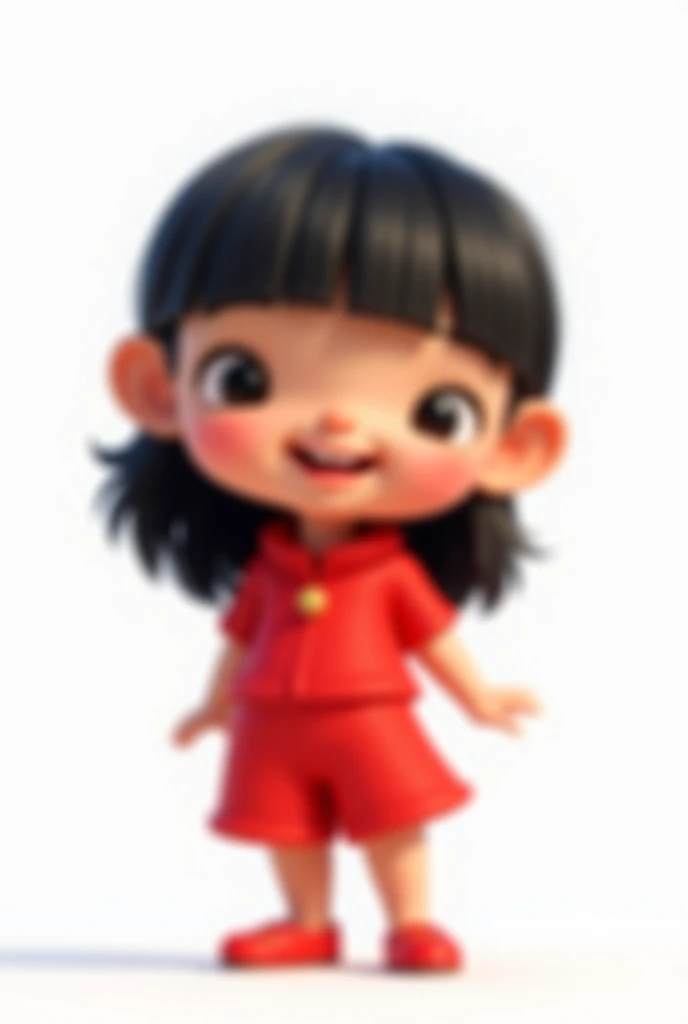 A cute  dressed in red, red shoe,  black hair,  black eyes,happy,white background Pixar Disney style al