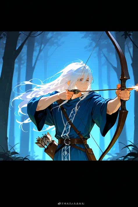 best quality, masterpiece,highest resolution,dark forest background, 1male, white hair, long hair, blue robe, solo,fantasy, quiver, bow, aiming,
