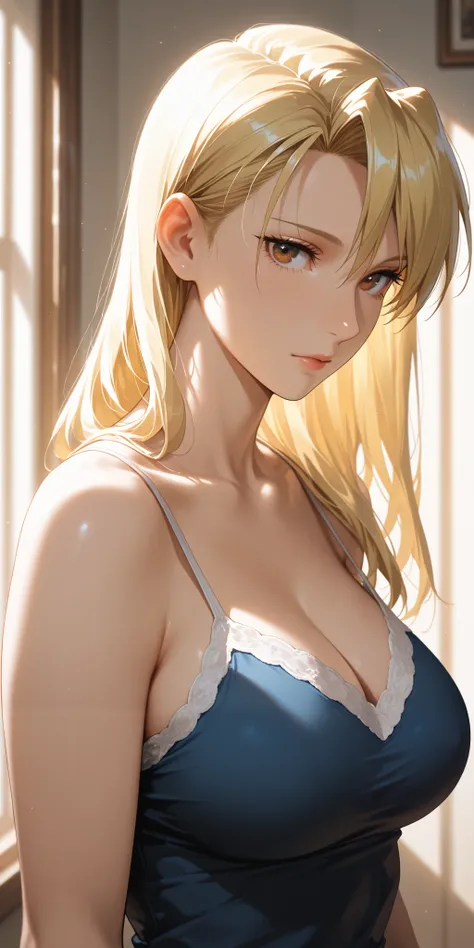 Masterpiece, very aesthetic, mature female, riza hawkeye, medium breast, upper body, camisole, ultra detailed, highres, absurdres, best quality, dynamic lighting, home, portrait, semi realistic