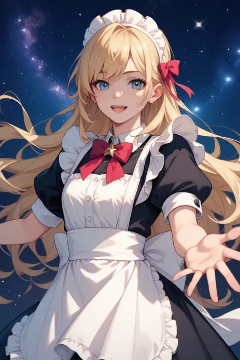  blonde、 long hair、Cute boy、 maid clothes、 is reaching out、Fleeting Expression、Starry sky background