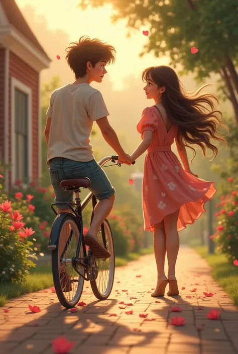 Create the cover of a romance book where the boy is riding a bike and the girl is watching him the boy has brown hair 