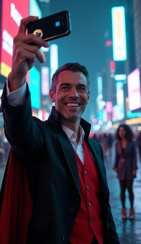  A modern selfie taken by an iconic character from a classic movie, transported to the year 2025 .  The scene shows Dracula in a futuristic urban environment ,  surrounded by skyscrapers with neon and advanced technology .  He holds a state-of-the-art smar...