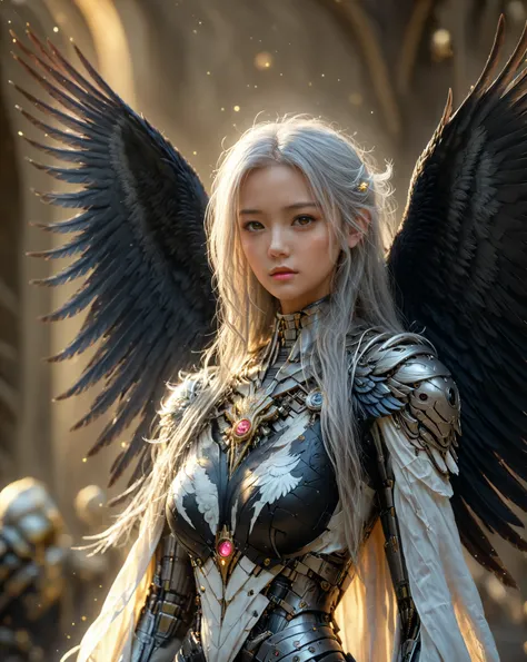 High Resolution, Masterpiece, Anatomically Correct, High Definition, Ultra High Definition, Textured Skin, 1 Girl, Solo, Cute, Long Hair, Silver Hair, Windblown Hair, Large Breasts, Golden Eyes, Slanted Eyes, Scolding/Sulky/Disgruntled, (Large Crow Themed ...