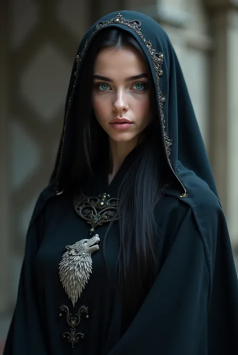 Beautiful 27 year old woman,  with long black hair, Striking indigo eyes , wearing a medieval black robe with a wolf emblem 