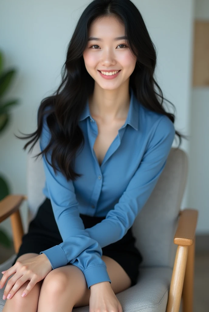 A beautiful Korean woman wearing a blue sabrina shirt wearing a black mini skirt sits on a chair wearing sports shoes 
Long hair 
Smiling to the camera 