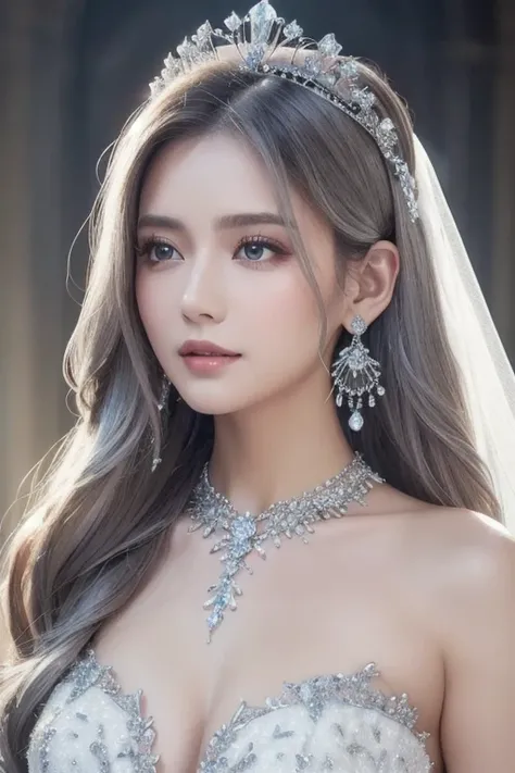 (Masterpiece,  top quality: 1.4),  detailed background, White Crystal,  Crystal Clusters , long hair,  jewelry,  earrings,  necklace,  crown, bride, Gray Hair, halo,