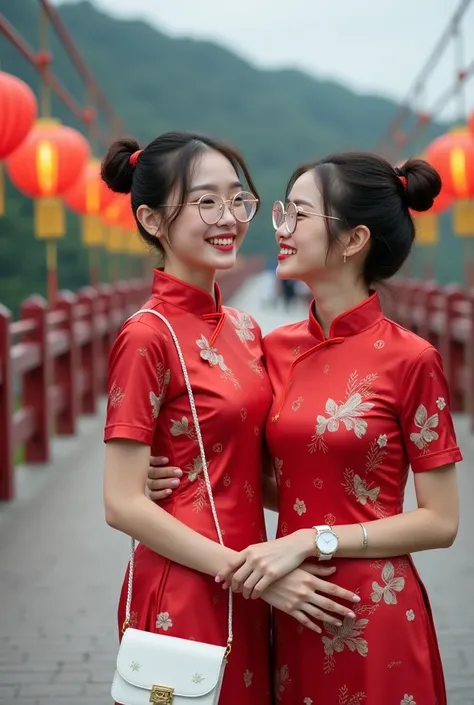 Original FULL BODY photo of girl and girl wearing round glasses smiling moment photo full body.
  1 beautiful white Korean girl smooth smiling , Manicured face thin smile wears red cheongsam shirt ,Style Two Double Bun Wear Detachable Butterfly Accessories...