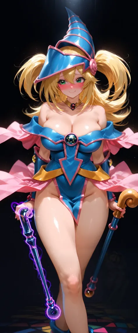  black magician girl、 plump thighs、Flying on a cane、Hold down the hat with your hands、 Embarrassed Face Dark magician girl NSFW, glass cover, upper body, side shot, alternate color, masterpiece, detailed illustration, lifelike, Pixiv top quality, exquisite...