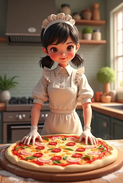 Maid woman baking huge pizza 