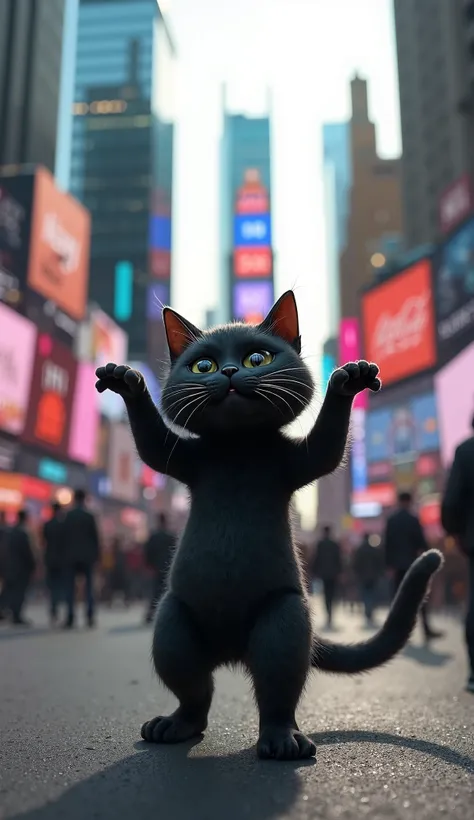 a cute bipedal  black cat standing in the middle of the street with open arms ready to dance, times square, ultra realistic