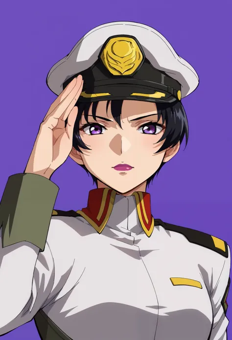 score_9,score_8_up,score_7_up,anime coloring BREAK source_anime,anime,natarle,1girl,solo,purple eyes,black hair,short hair,purple lips,peaked cap,military uniform,firm face,multicolored background,looking at viewer,portrait,full body,looking at viewer,corr...