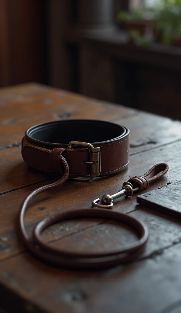 bdsm collar and leash on a table 