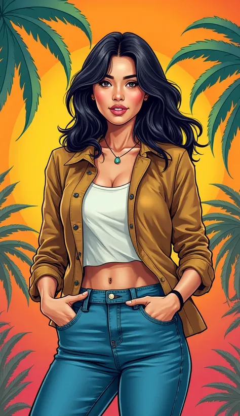 DISCREET image. with discreet casual clothes. image adult woman, american, comic book style. with a discreet smile. IMAGES WITH VIBRANT COLORS.