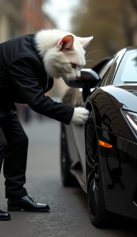 A close-up view of a white muscular cat, wearing a black suit and black shoes, closing the door of a black Lamborghini. The focus is on the cat’s paw gripping the door handle as it gently shuts the car door, with the sleek black Lamborghini visible in the ...