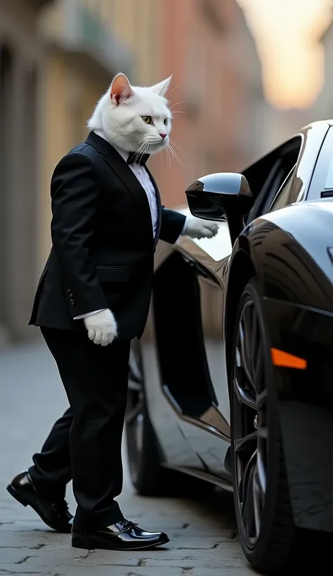 A close-up view of a white muscular cat, wearing a black suit and black shoes, closing the door of a black Lamborghini. The focus is on the cat’s paw gripping the door handle as it gently shuts the car door, with the sleek black Lamborghini visible in the ...