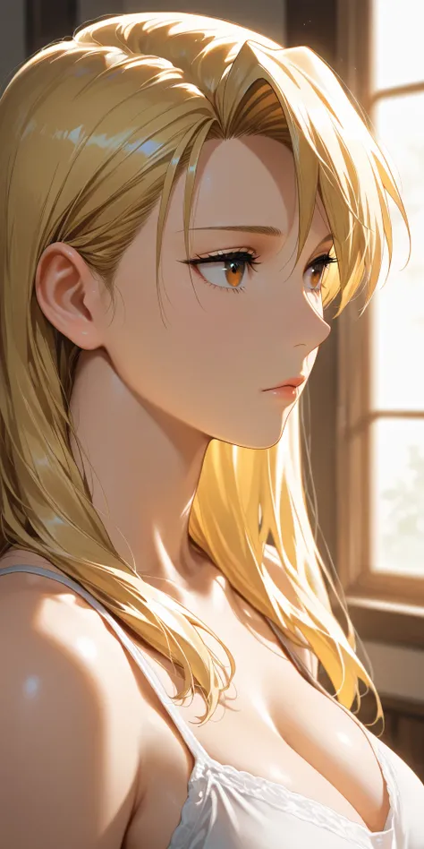 Masterpiece, very aesthetic, mature female, riza hawkeye, medium breast, upper body, camisole, ultra detailed, highres, absurdres, best quality, dynamic lighting, home, portrait, semi realistic