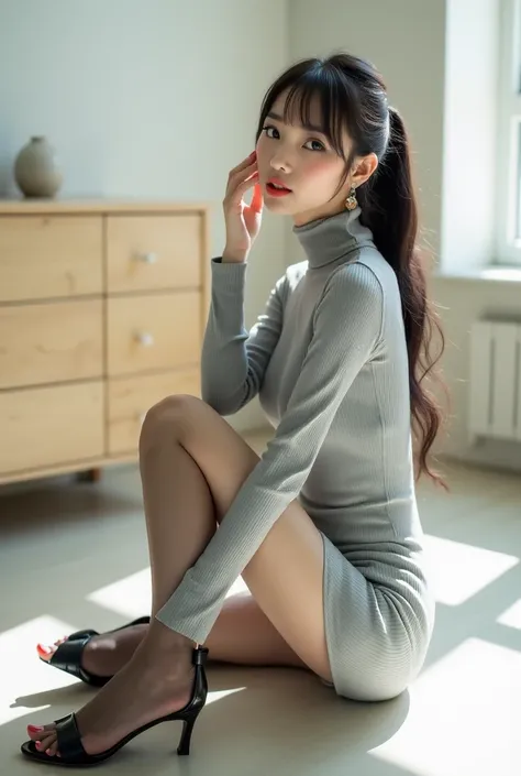 ＡJapanese woman with a very beautiful beauty like an actress
Seated on a smooth, light-colored floor in a bright, minimalist interior, a young woman poses while wearing a gray, form-fitting turtleneck mini dress. The room is flooded with soft, natural ligh...