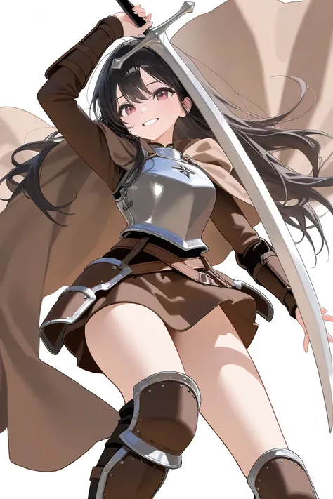 (Best Quality, Background Detail), Best Quality, Original Detail Dynamic Art, Waist Below, Holding simple cheap sword, Black Hair, Long Hair, (Rising Adventurer Girl), Smiling, Real Breasts, Small Breasts, Beautiful Line Drawing , White Background, Iron Br...