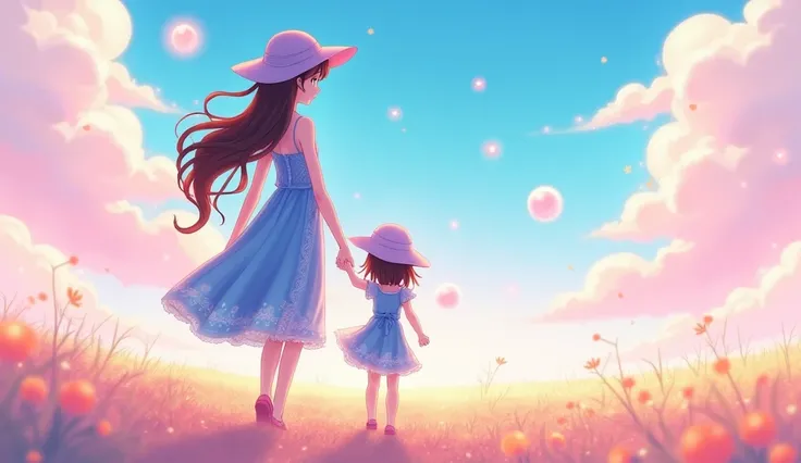 Anime-style artwork of mother and  holding hands walking through a surreal pastel landscape. The background is a dreamy gradient of pink, blue, and yellow with abstract cloud patterns and glowing orbs. Mother has intricately styled long brown hair, a moder...