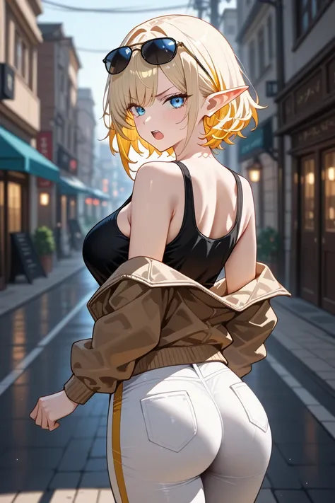 1girl, solo, long breasts, masterpiece, best quality, good quality, newest, ultra quality, high detailed, blurred background, blush, lshort hair, blonde hair, sexy, blue eyes, wild hair, disheveled hair, two-tone colors, black tank top, brown jacket, casua...