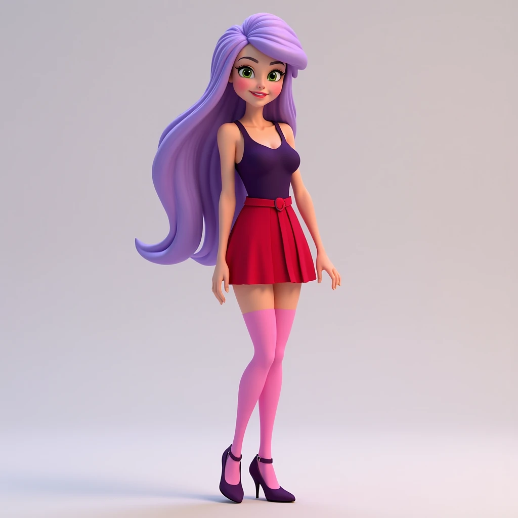 1963 madam mim's girl form(disney's the sword in the stone), 1girl, solo, dark purple tank top, red skirt, pink long collant, dark purple heeled shoes, nude arms, green eyes, light purple long hairs