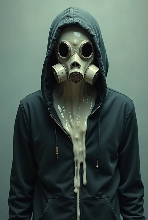 A man in a hoodie with no head and melting ice cream instead, wearing a fire mask over his face.