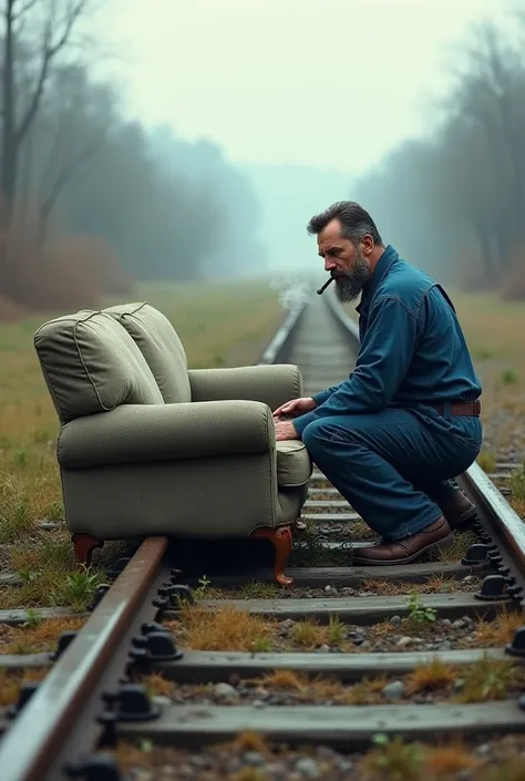 Create a picture of a soft that is lying on track where a slightly thicker bearded man with a blue work suit works who has a vape in his mouth 