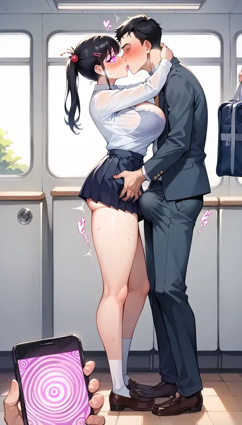 1girl,Genuine, rating_safe, High Res Images, masterpiece, High Quality , very detailed, detailed , masterpiece,,Big Breasts,  ,  at inside train,   Sharp Eye ,     black hair,hair pin,    Hypno App POV,hypno,   hypnotic state , ,    Stand upright,,     swe...