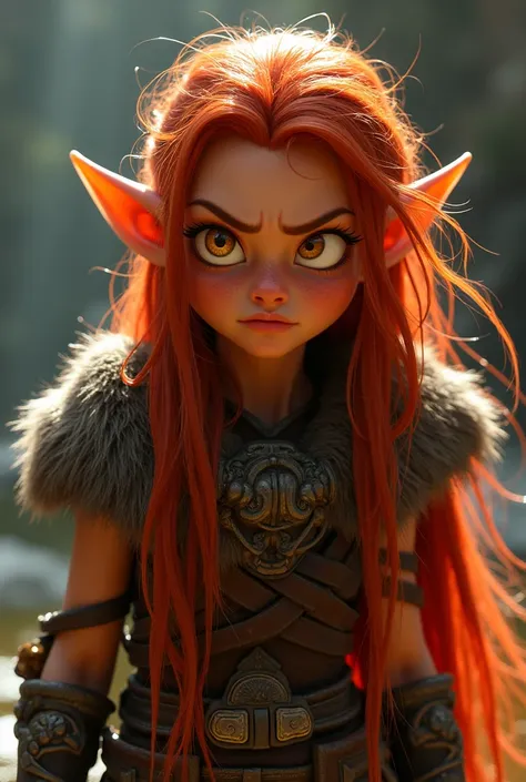 An elf with an earthy reddish skin,  hair with golden eyes,  pointy ears , And long, wild red hair. With an irritated expression and Viking-style clothing.  animation style  